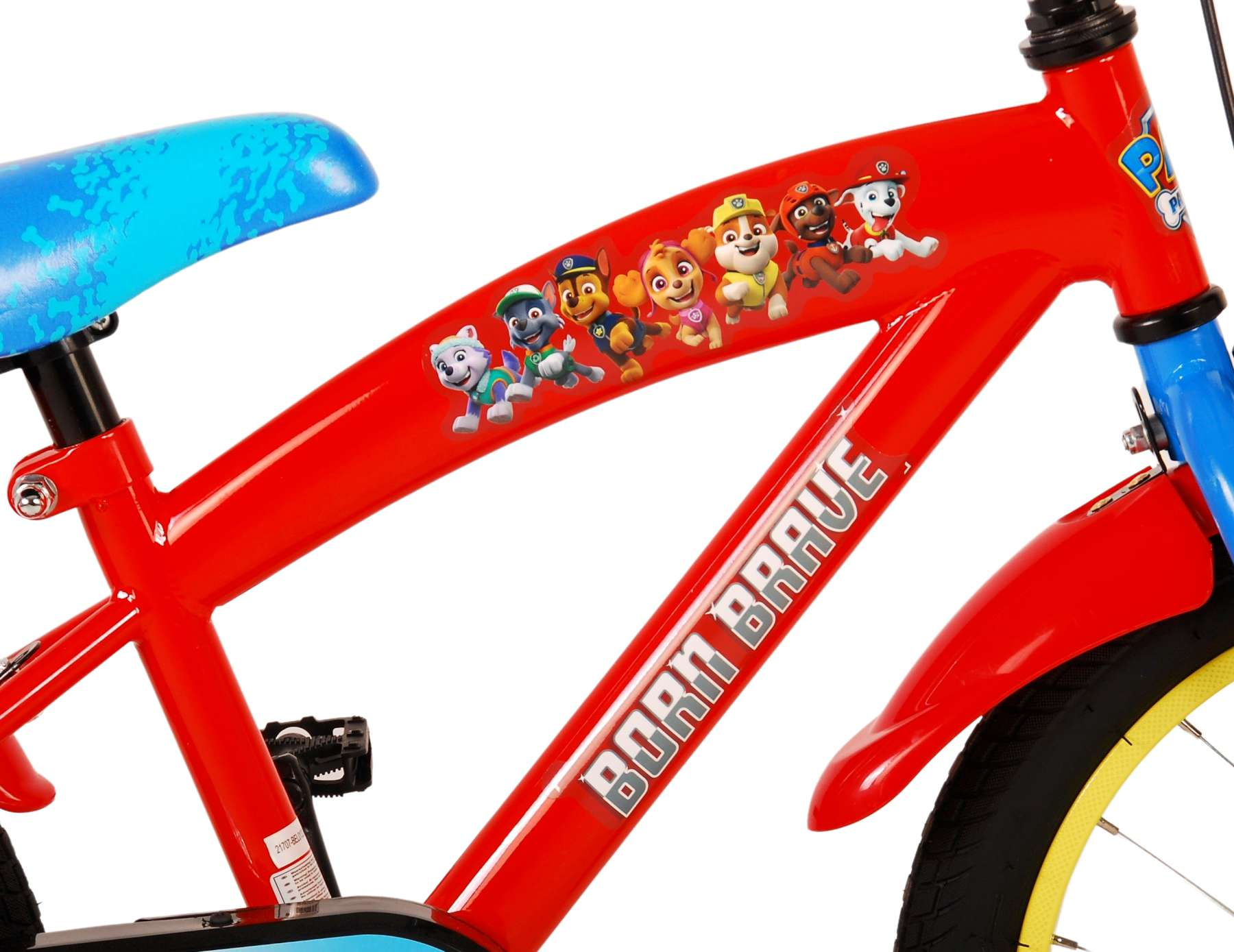 Rotes und blaues Paw Patrol Fahrrad mit Charakteren auf dem Rahmen.