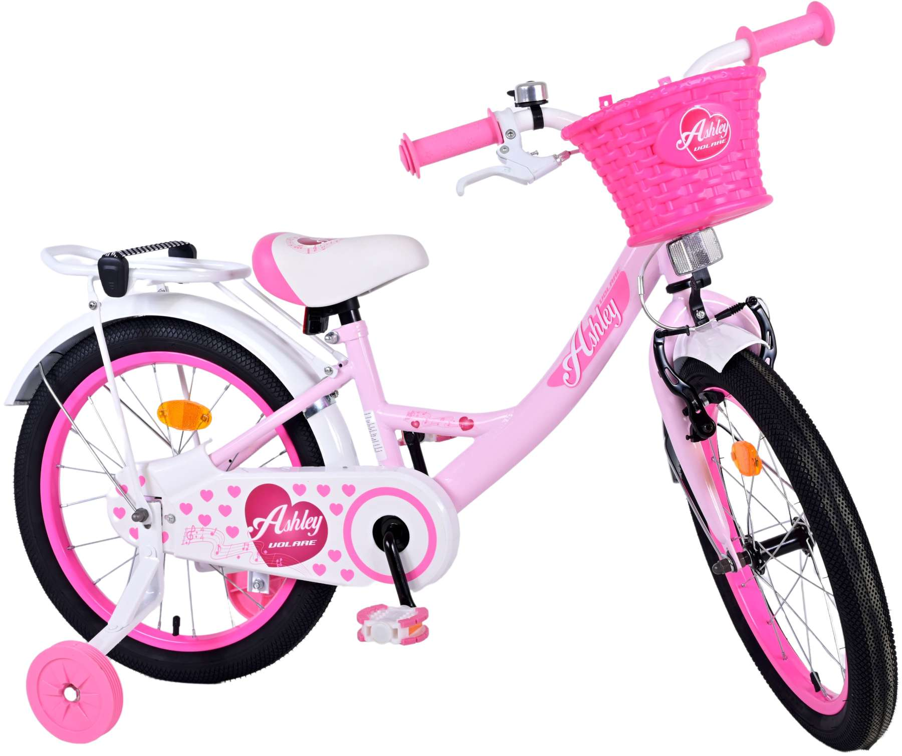 Rosa Kinderfahrrad. Rosa Korb, Rahmen, Sitz und Stützräder. Weiße Akzente. Ashley Volare Logo.