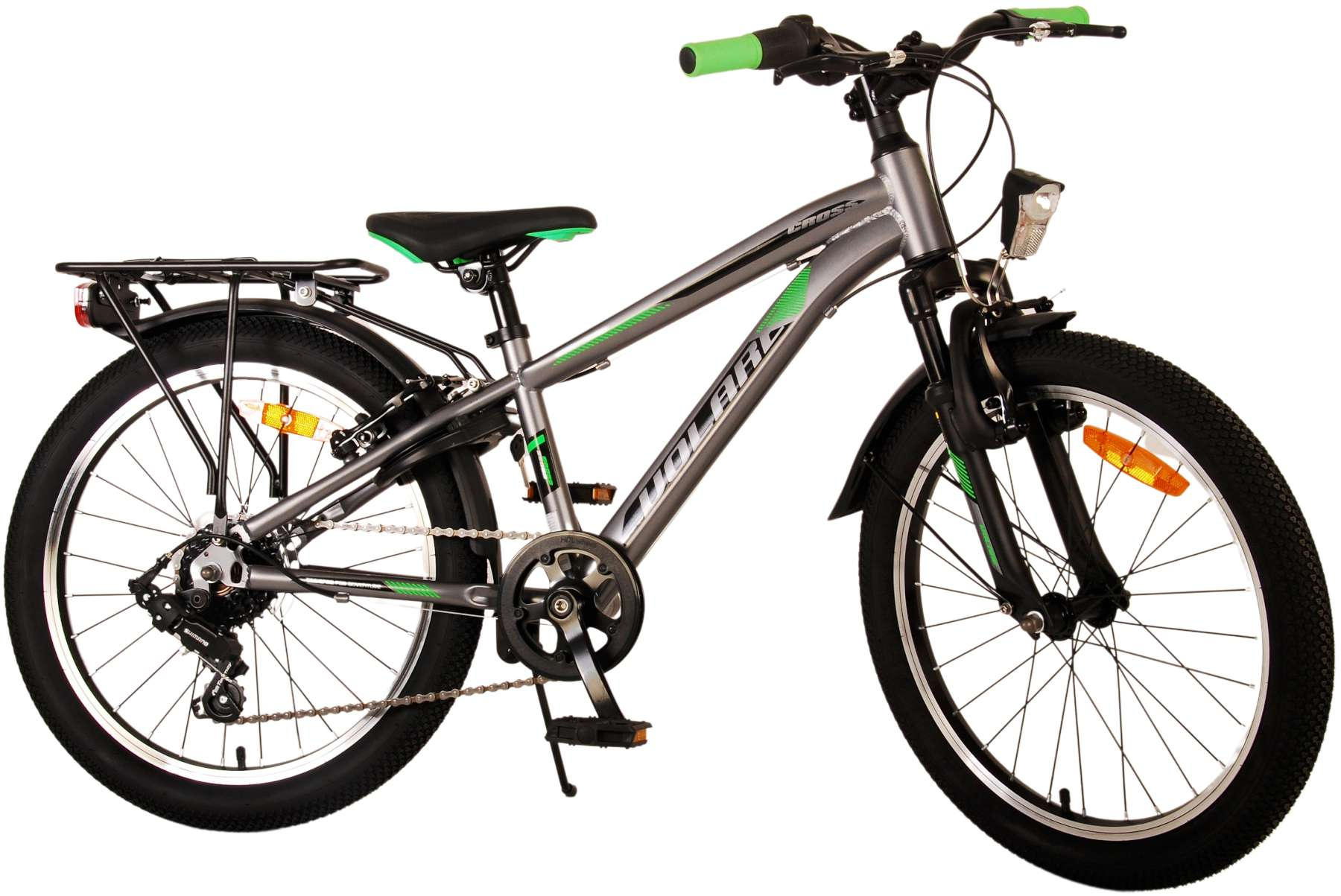 Graues Fahrrad mit grünen Akzenten, schwarzen Reifen und Gepäckträger.