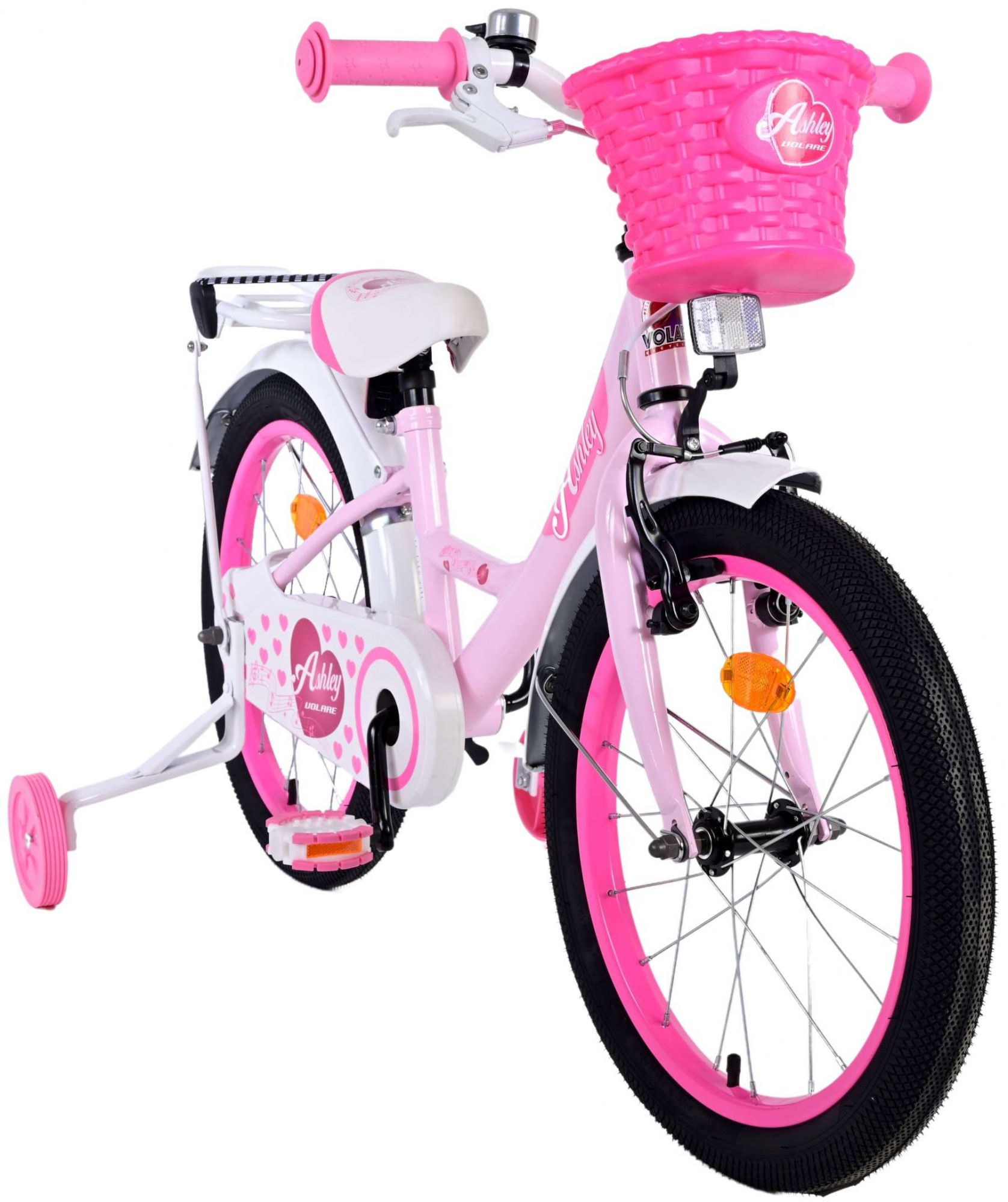 Rosa Fahrrad mit Stützrädern, Korb und weißem Sitz. Verfügt über einen rosa Rahmen, Korb und Schutzbleche.