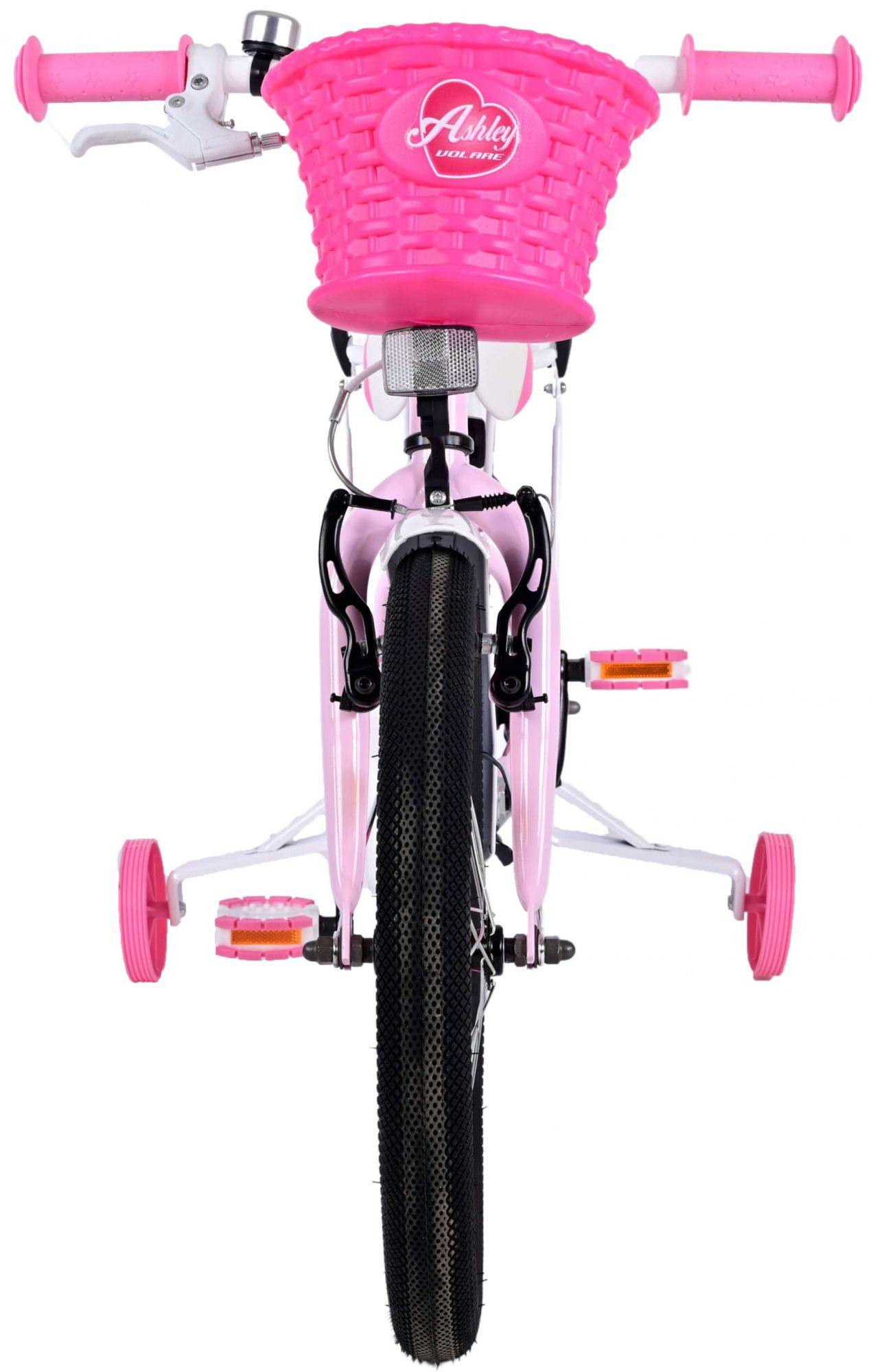 Pinkes Fahrrad, Korb, Stützräder. Weiß und Pink. Weißer Hintergrund.