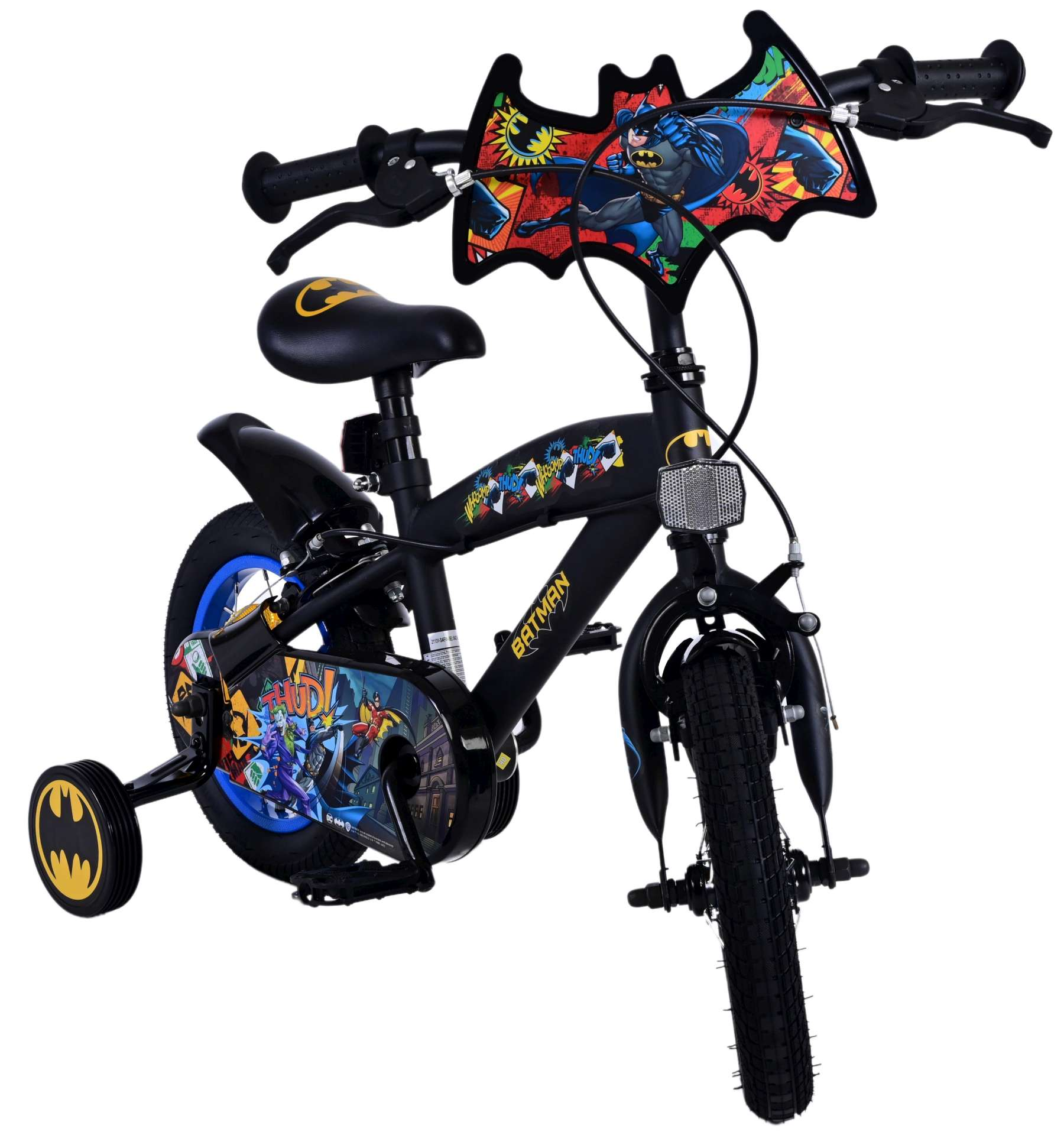 Ein schwarzes Fahrrad im Batman-Design mit Stützrädern und Fledermaus-Symbolen.