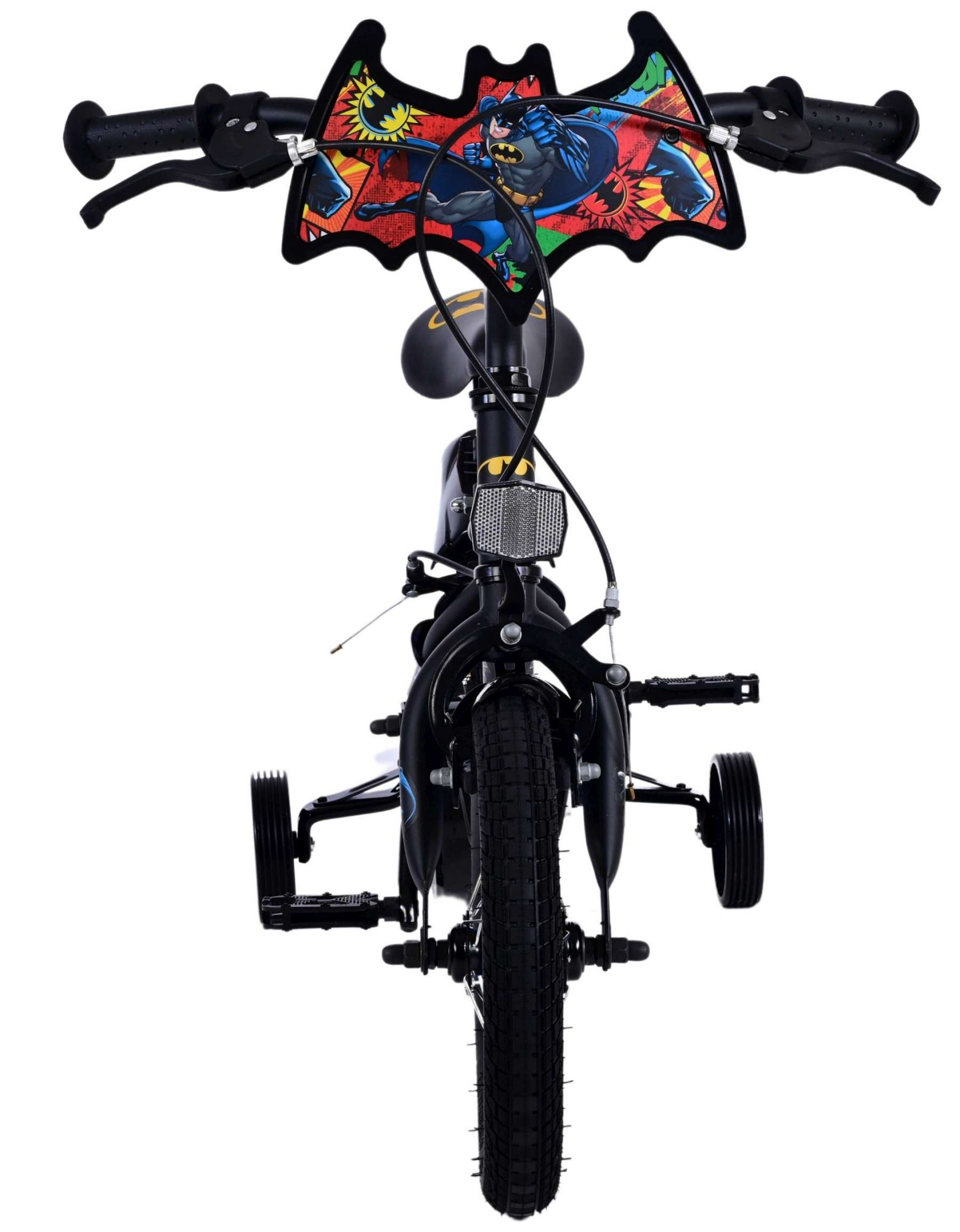 Vorderansicht eines Batman-Fahrrads mit Stützrädern. Schwarz, mit Batman-Logo vorne.
