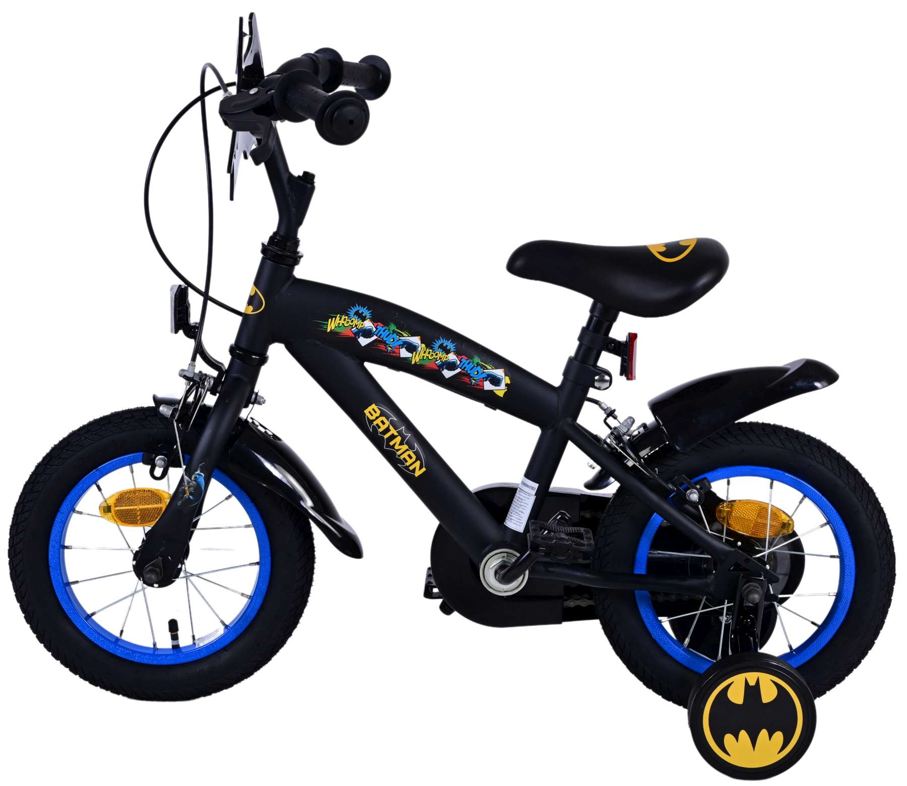 Schwarzes Batman-Kinderfahrrad mit Stützrädern.