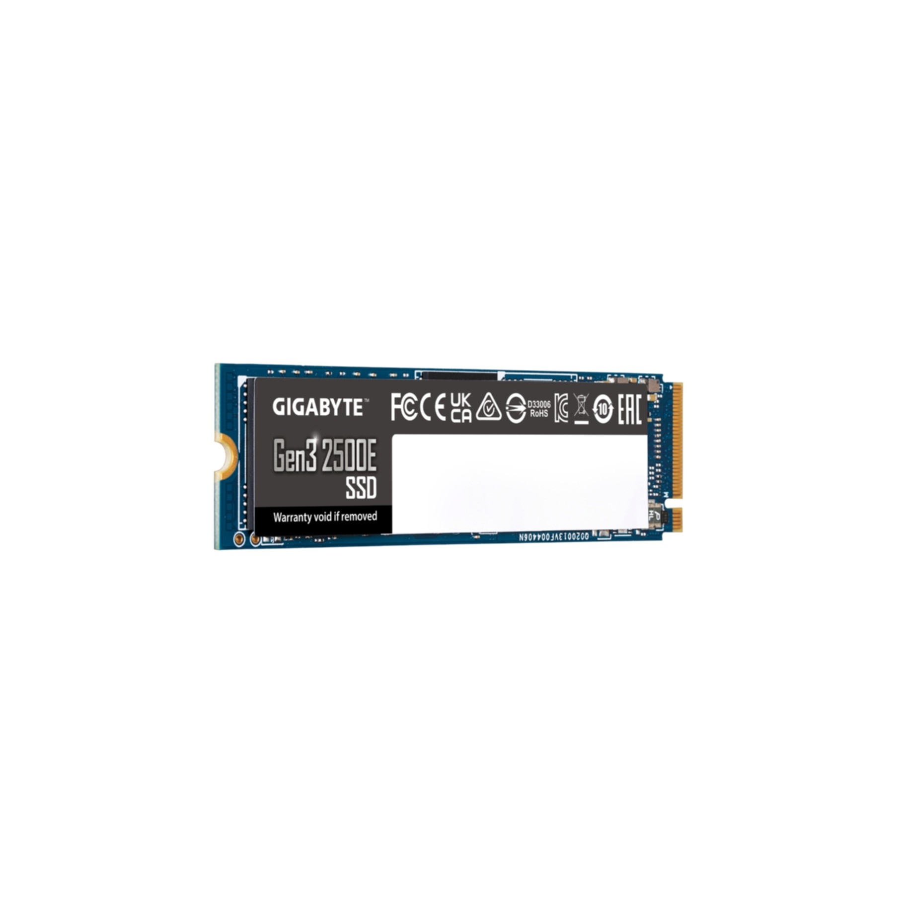 Niebieski dysk SSD z napisem "GIGABYTE Gen3 2500E SSD" na białym tle.