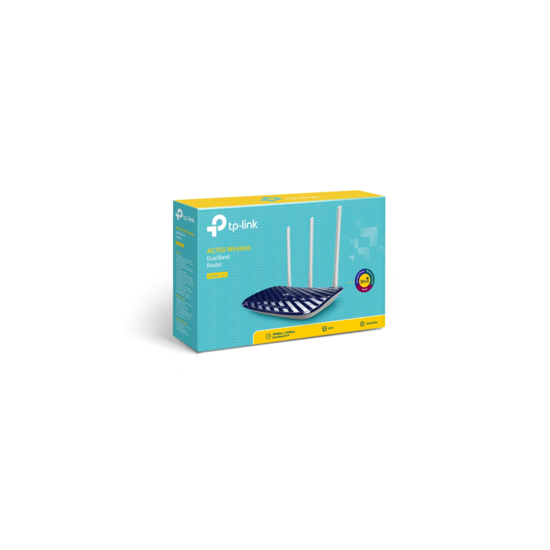 Pudełko routera z niebiesko-białym wzorem. Ma trzy anteny i nowoczesny wygląd.