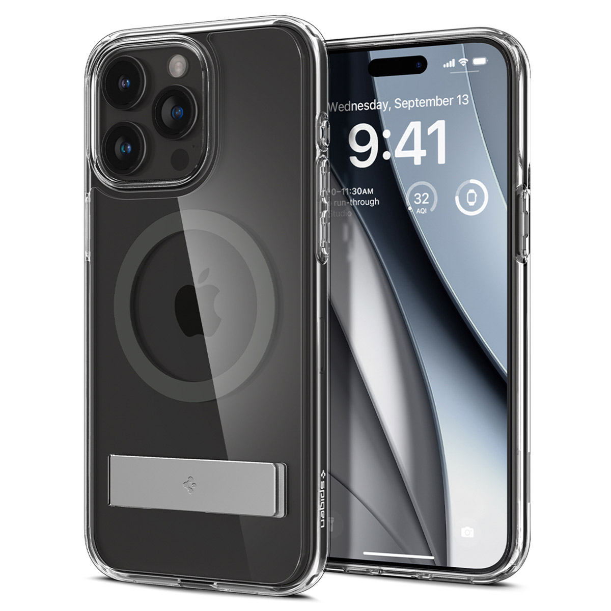 Transparante telefoonhoes. iPhone met scherm met datum en tijd, plus een standaard.