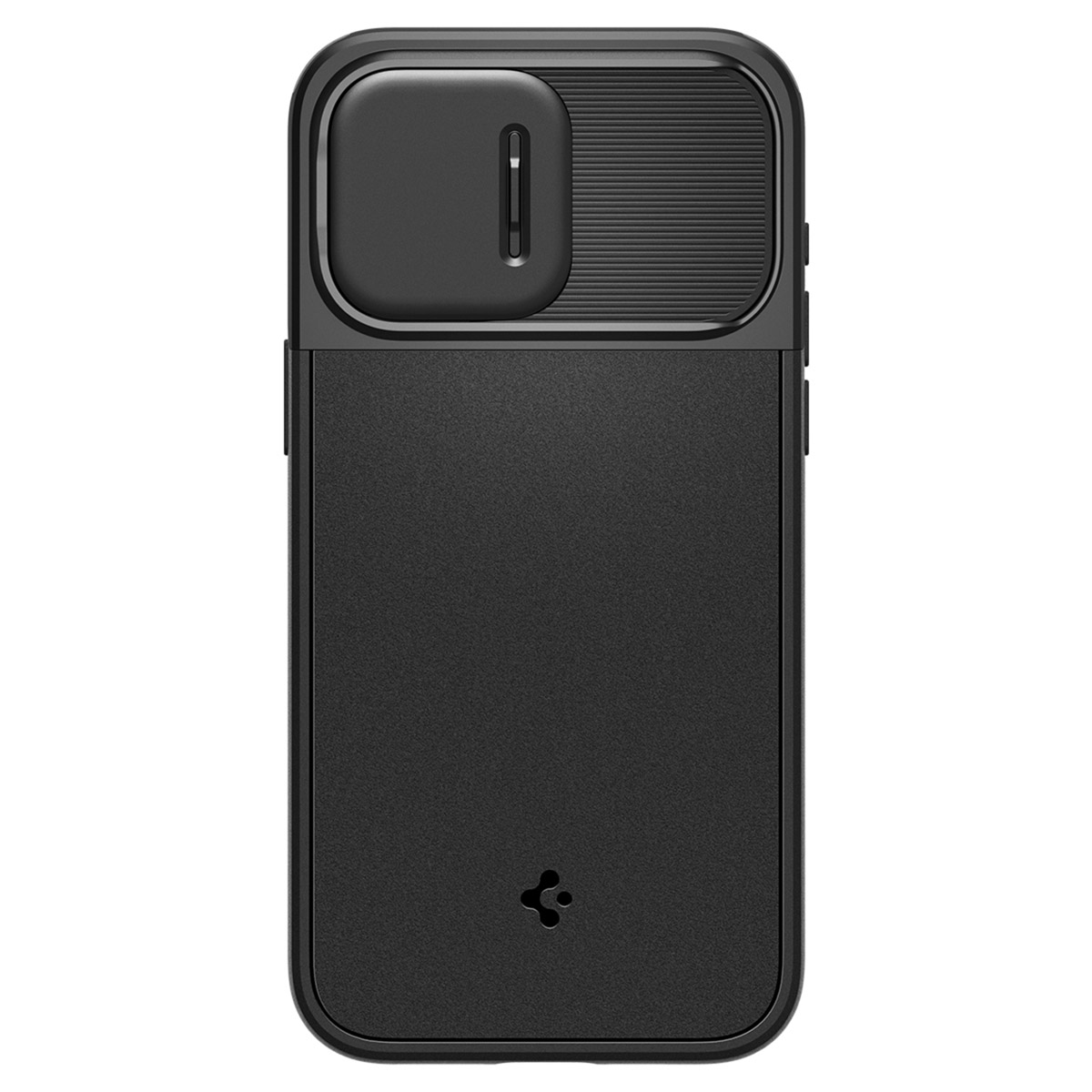 Zwarte telefoonhoes met cameralensafdekking. Het heeft een schuif om de camera te openen en te sluiten.