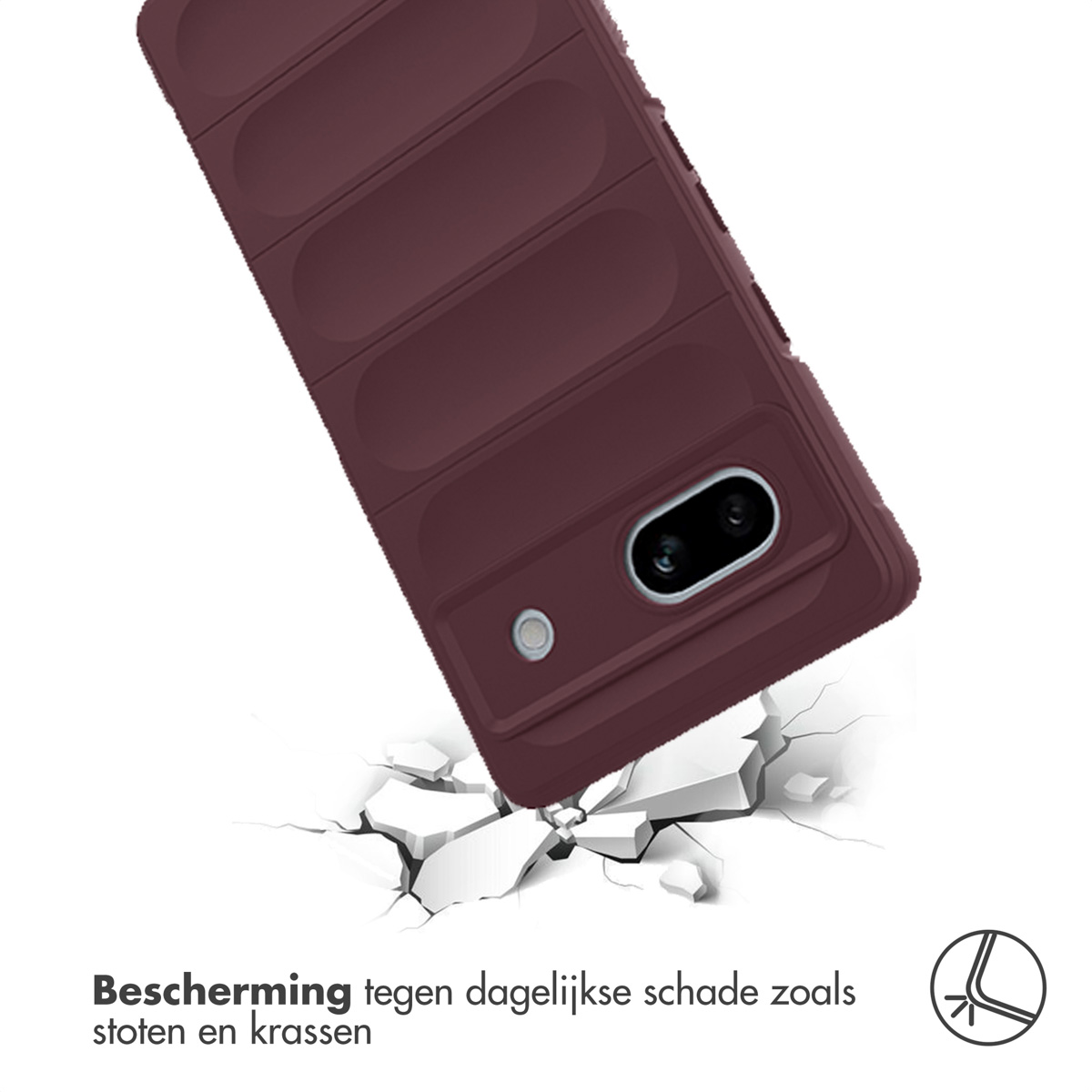 Burgundy phone case angled downwards, with white background and cracks on the floor.