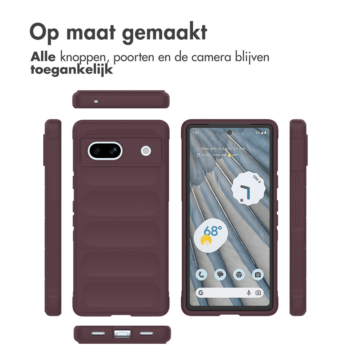 Phone case, several views. The phone is inside, with the screen visible. The case is maroon.