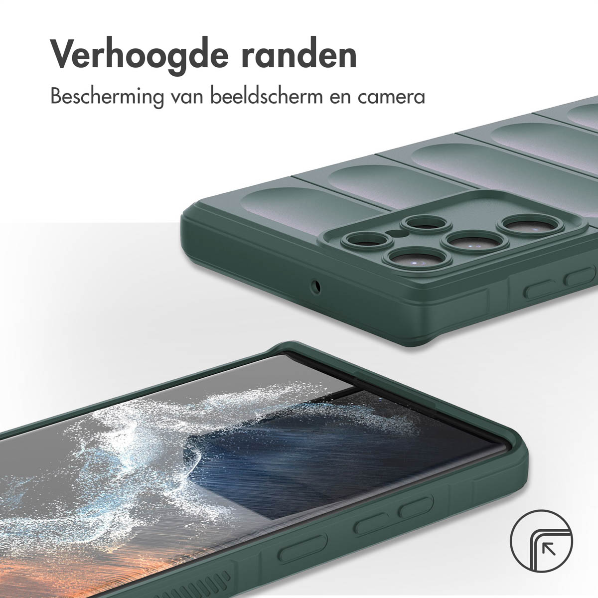 Groene telefoonhoes in twee weergaven. De tekst luidt "Verhoogde randen" en "Bescherming van scherm en camera".