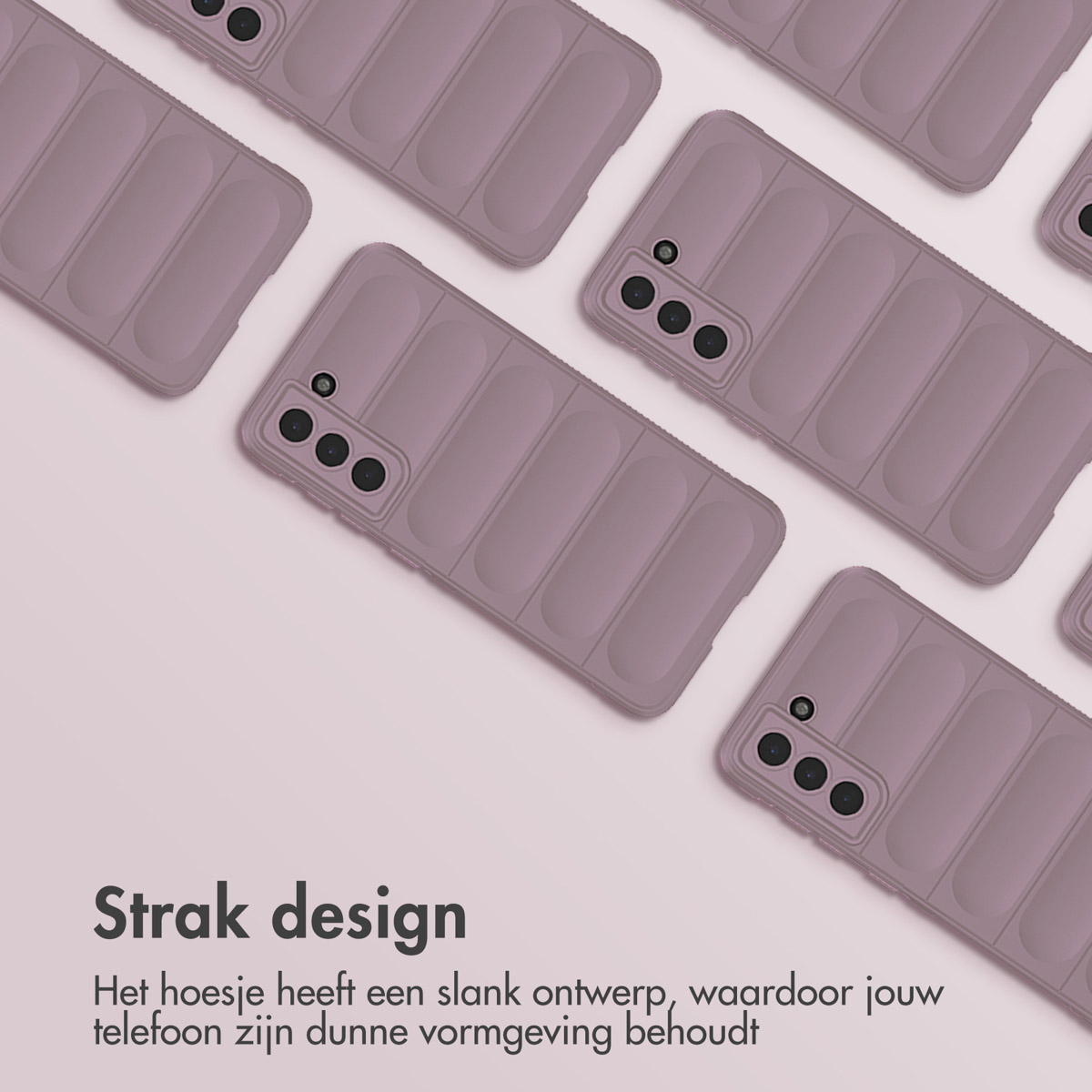 Meerdere lavendelkleurige telefoonhoesjes diagonaal gerangschikt. Elke hoes heeft camera-uitsparingen en een gestructureerd ontwerp. Tekst onder: 'Strak design'.
