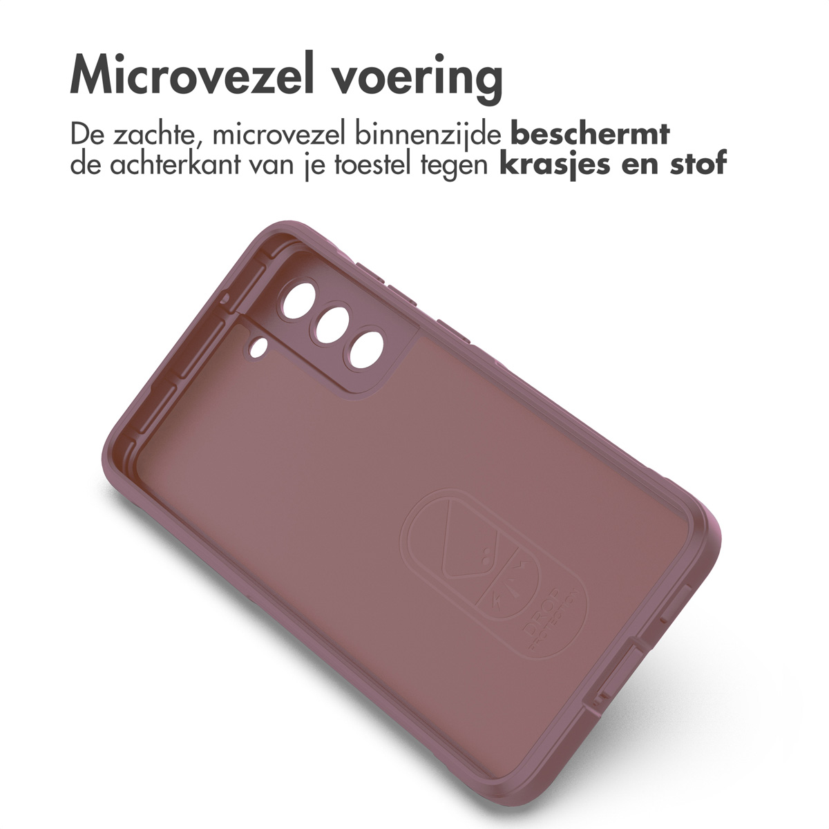 Binnenkant van telefoonhoesje. Bruine hoes toont de binnenkant. Tekst: 'Microvezel voering' in het Nederlands.