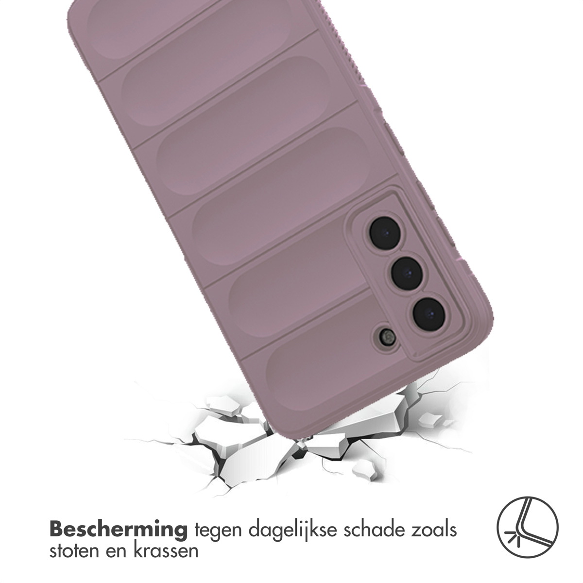 Paarse telefoonhoes, op witte ondergrond, met scheuren, bescherming tonend.