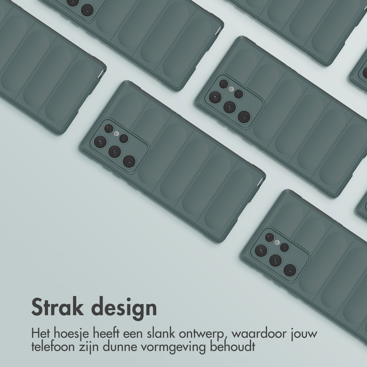 Groene telefoonhoesjes in rasterpatroon, met tekst 'Strak design'.