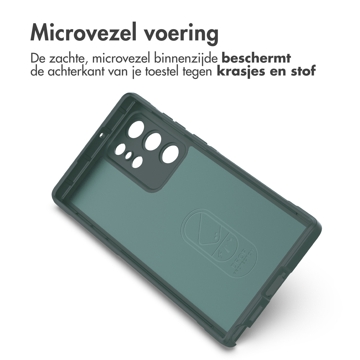 Groene telefoonhoes, binnenaanzicht. Tekst zegt 'Microvezelvoering' en beschrijft bescherming tegen krassen.