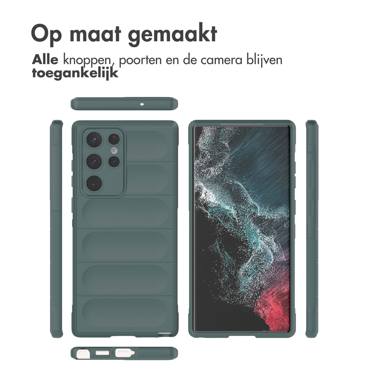 Groene telefoonhoes, open, gesloten en vanuit verschillende hoeken, met de achterkant van de telefoon.
