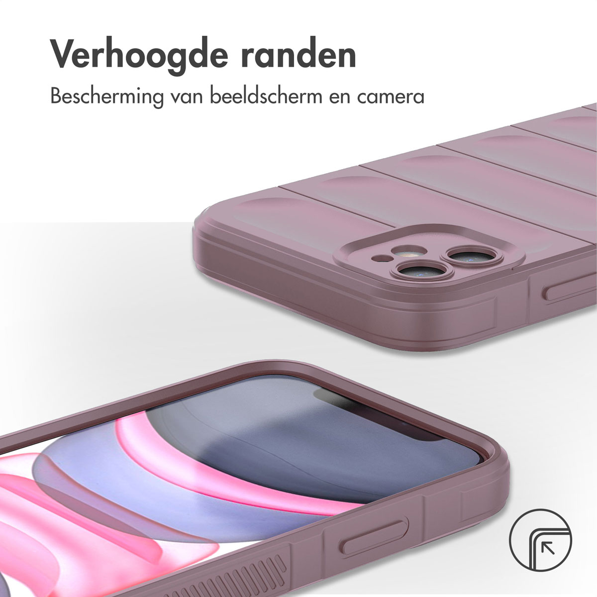 Une coque de téléphone, avec un téléphone à l'intérieur. La coque est rose-violet. Le téléphone affiche un écran coloré.