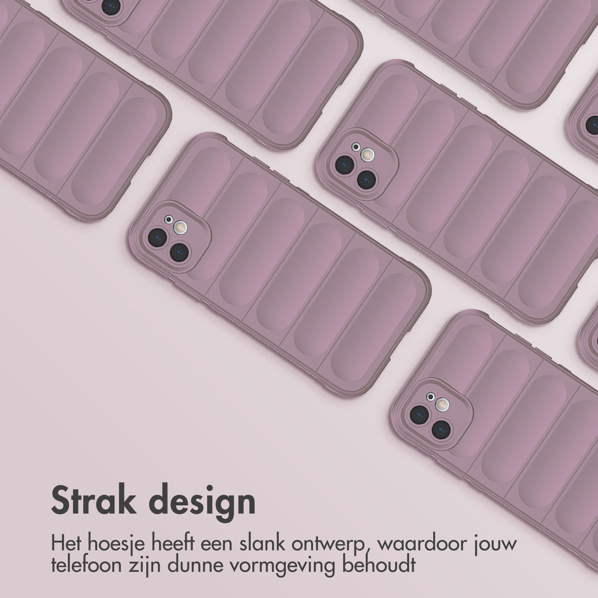 Étuis de téléphone violets en grille, avec texte 'Strak design'.