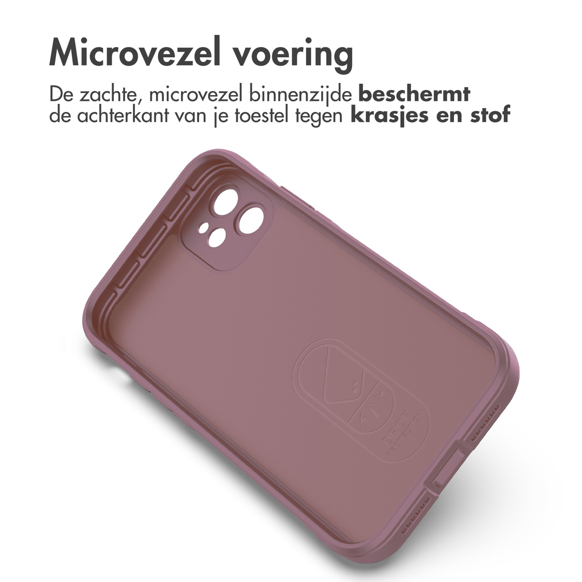 Intérieur d'étui de téléphone, montrant un étui violet avec une doublure en microfibre et un logo goutte.