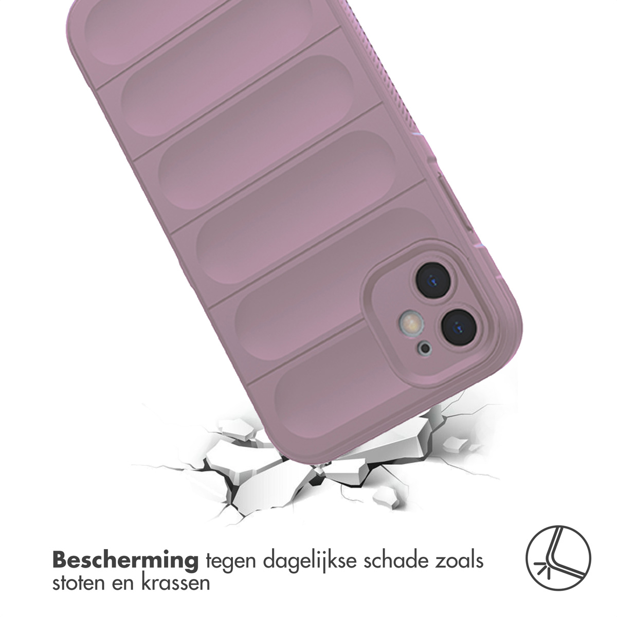 Coque de téléphone rose inclinée vers le bas, avec fond blanc et fissures au sol.