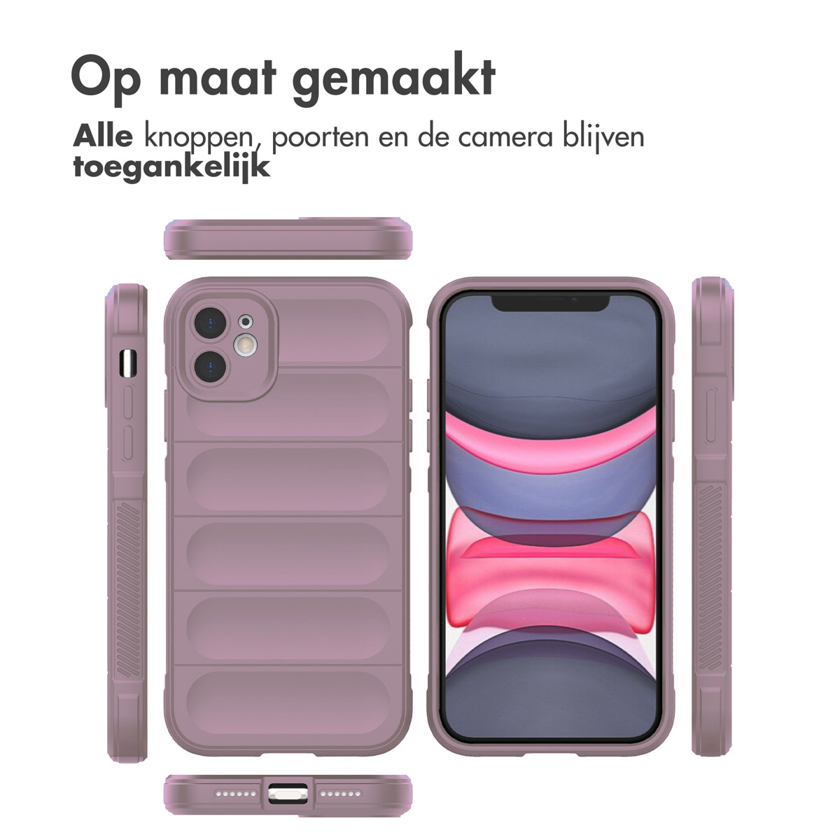 Coque de téléphone mauve, ouverte, fermée et sous différents angles, montrant l'arrière avec objectifs.
