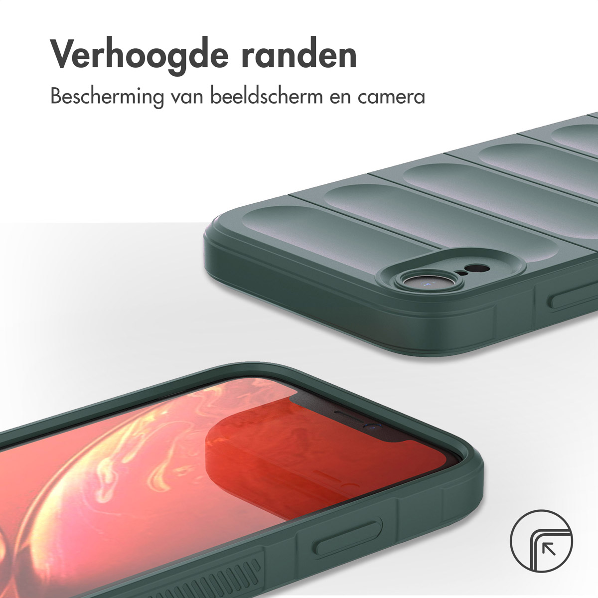 Detail einer grünen Handyhülle, die erhöhte Kanten und Kameraschutz zeigt.