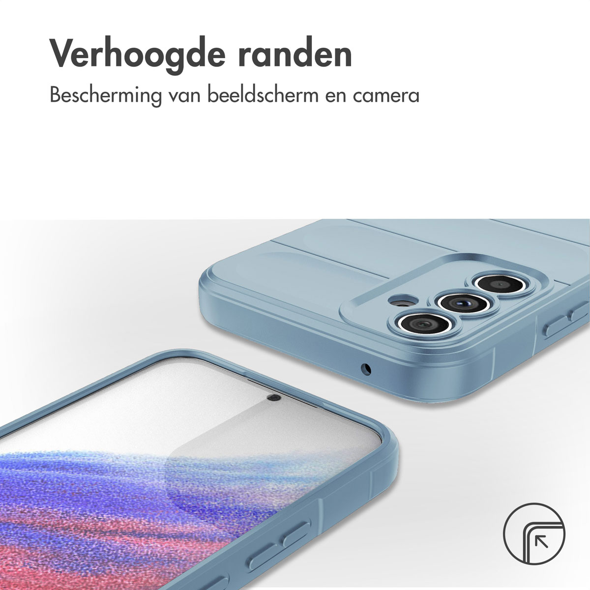 Custodia del telefono; blu chiaro, con un telefono all'interno. Testo: "Verhoogde randen", protezione dello schermo e della fotocamera.