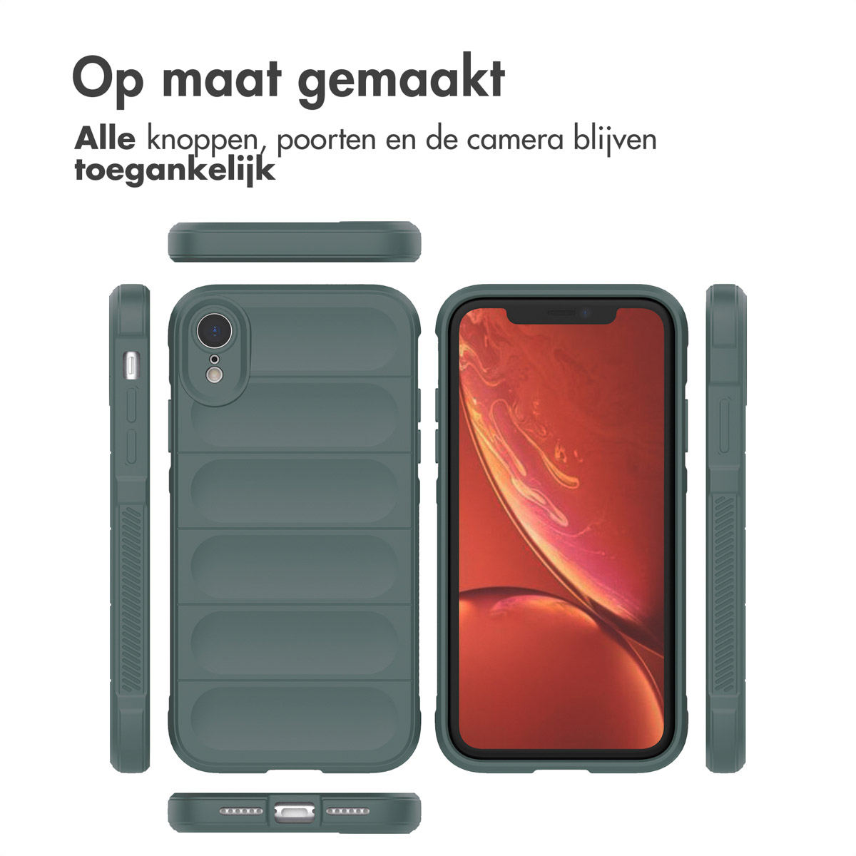 Grüne Handyhülle aus verschiedenen Blickwinkeln mit einem Handy darin.