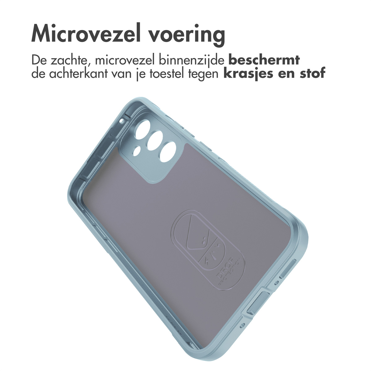 Interno della custodia blu del telefono, che mostra il materiale interno. Il testo menziona una morbida fodera in microfibra.