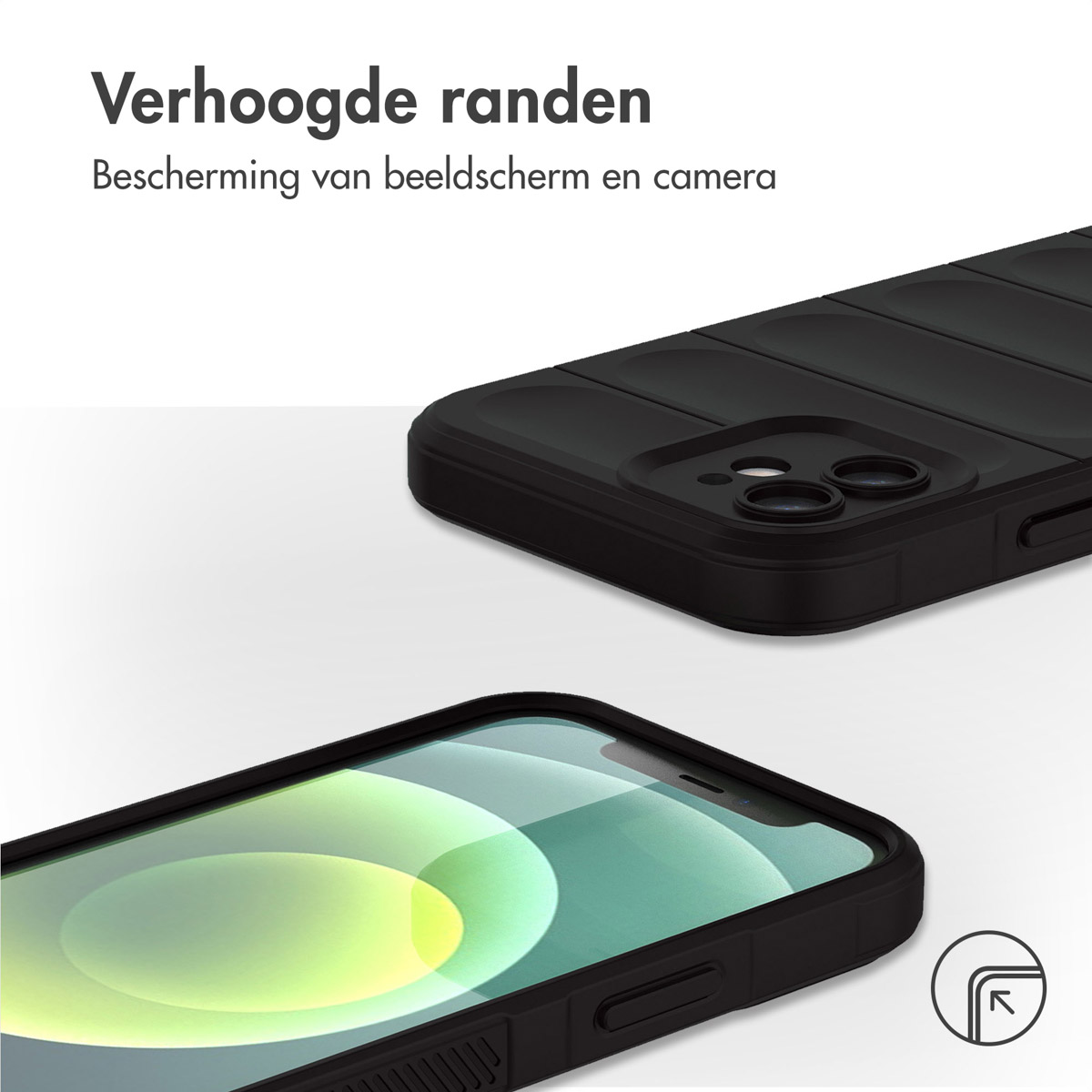 Coque de téléphone ; noire, avec un téléphone à l'intérieur. Texte : "Verhoogde randen", protection de l'écran et de l'appareil photo.
