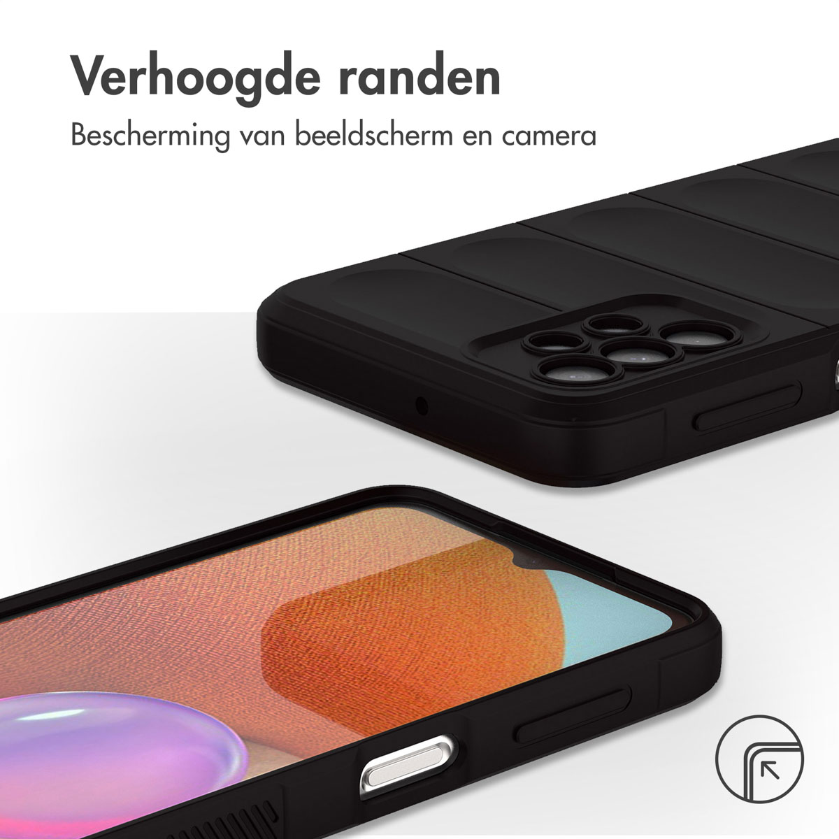 Gros plan sur une coque de téléphone noire avec un téléphone à l'intérieur, mettant en évidence les bords relevés.