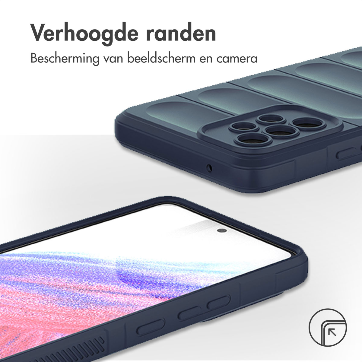 Coque de téléphone bleu foncé en deux vues. Le texte dit "Bords surélevés" et "Protection de l'écran et de la caméra".