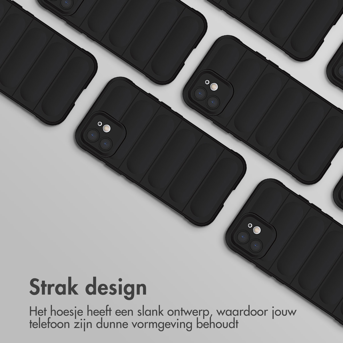 Étuis de téléphone noirs en grille, avec texte 'Strak design'.