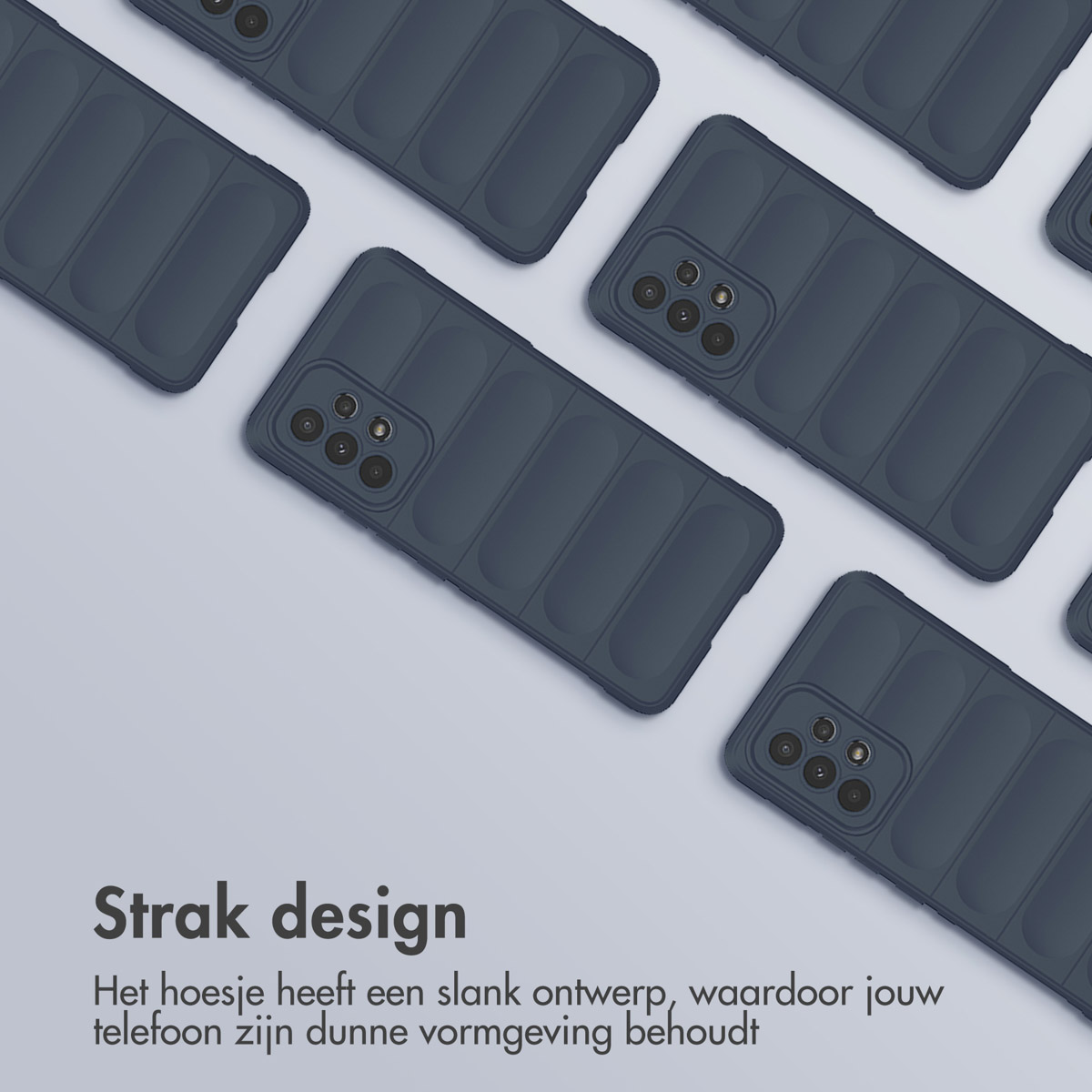 Plusieurs coques de téléphone bleues, un design. Le texte indique que la coque a un design élégant.