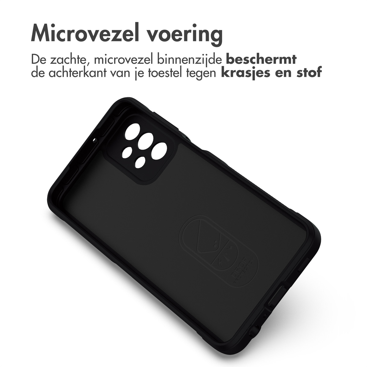 Intérieur de la coque de téléphone. Doublure intérieure douce, intérieur de la coque noir. Le téléphone est à l'intérieur, logo de la marque visible.