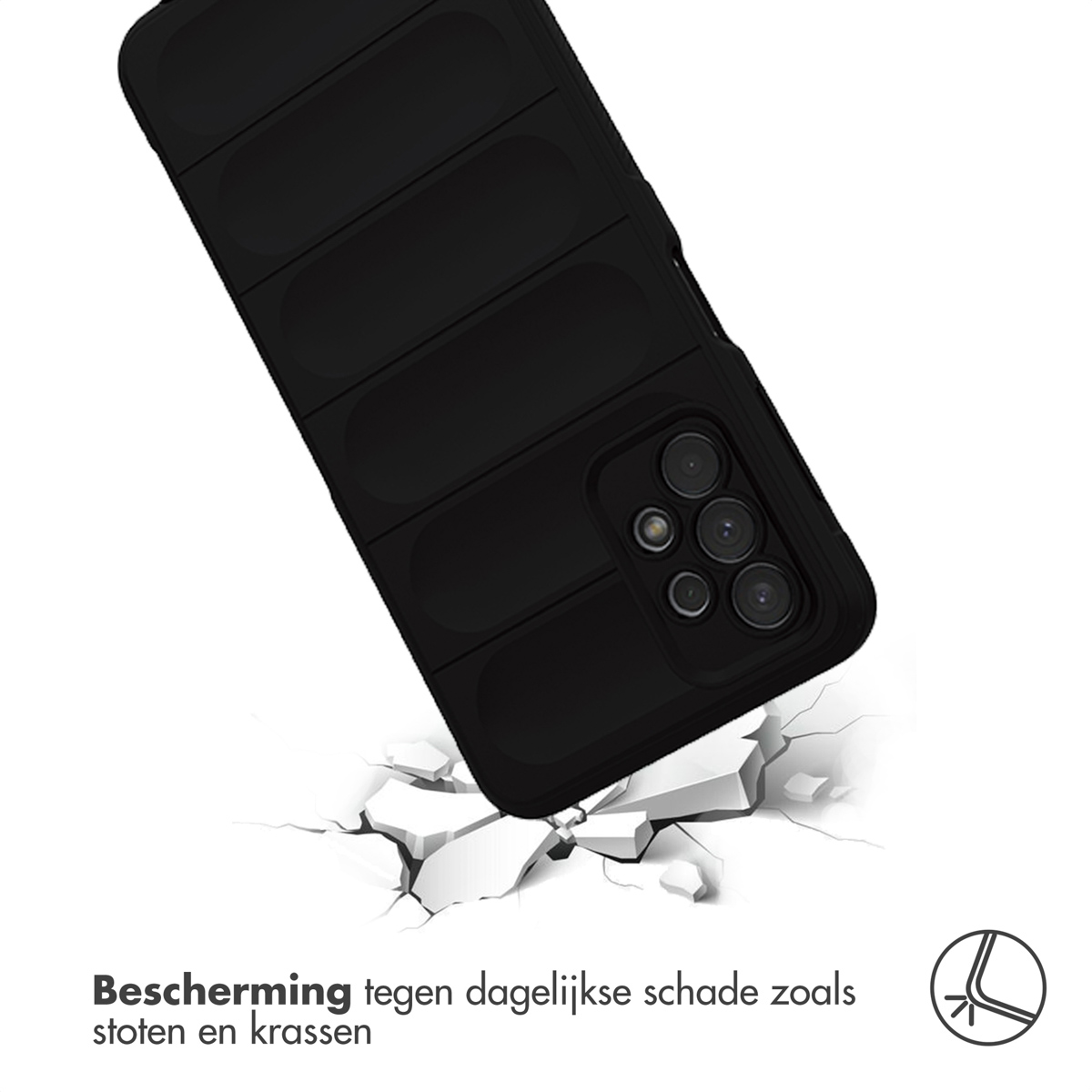 Une coque de téléphone noire avec un design côtelé, posée sur des morceaux blancs cassés, avec une surface noire.