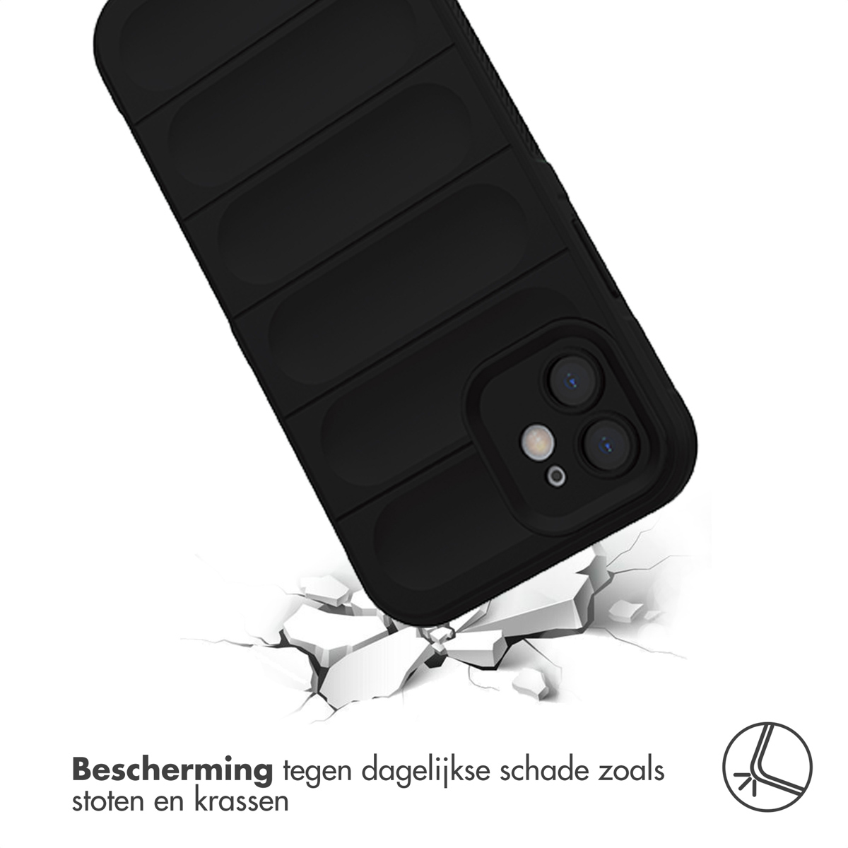 Coque de téléphone noire sur béton brisé. Texte : 'Bescherming tegen dagelijkse schade'.