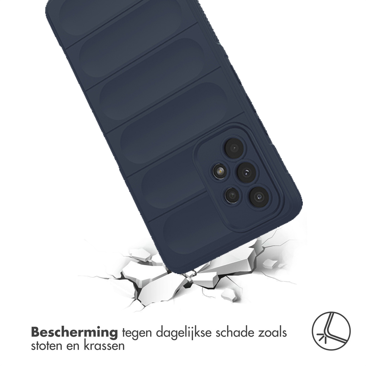 Coque de téléphone bleu marine tombant sur une surface fissurée, protégeant des dommages.