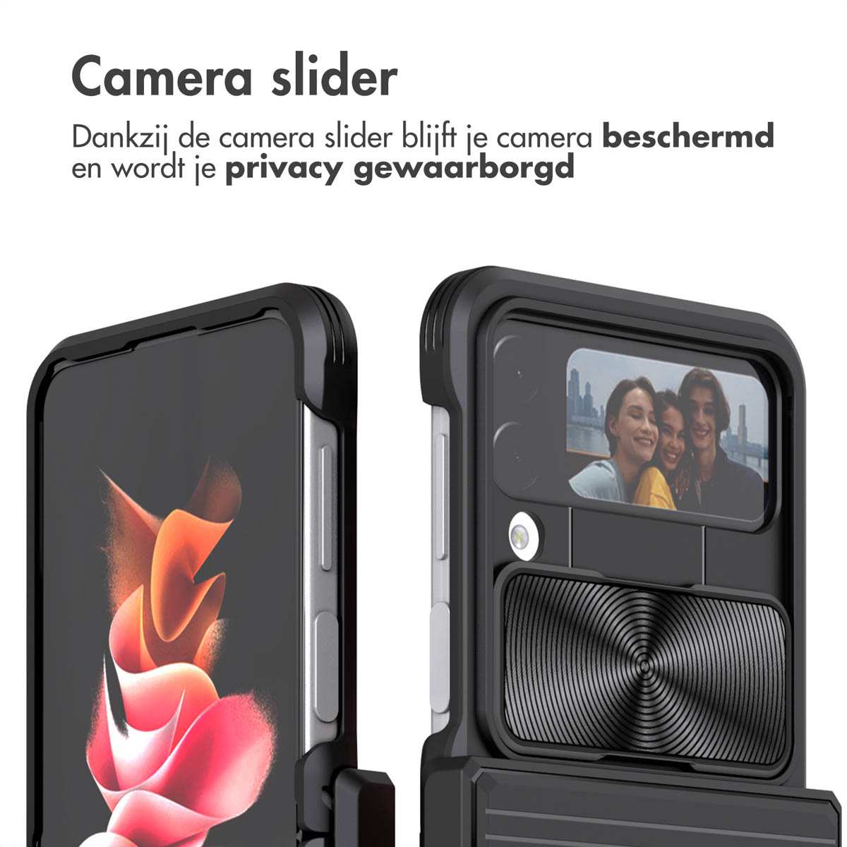 Coque de téléphone avec curseur de caméra. Texte : Appareil photo protégé, confidentialité garantie.