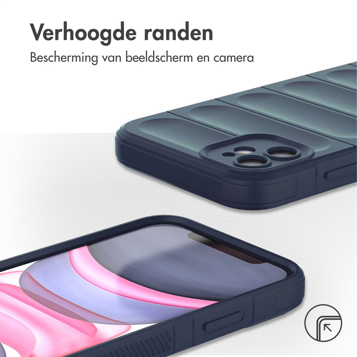 Gros plan sur l'étui du téléphone. Deux étuis sont présentés, un enfermant un téléphone. Texte : 'Verhoogde randen'.