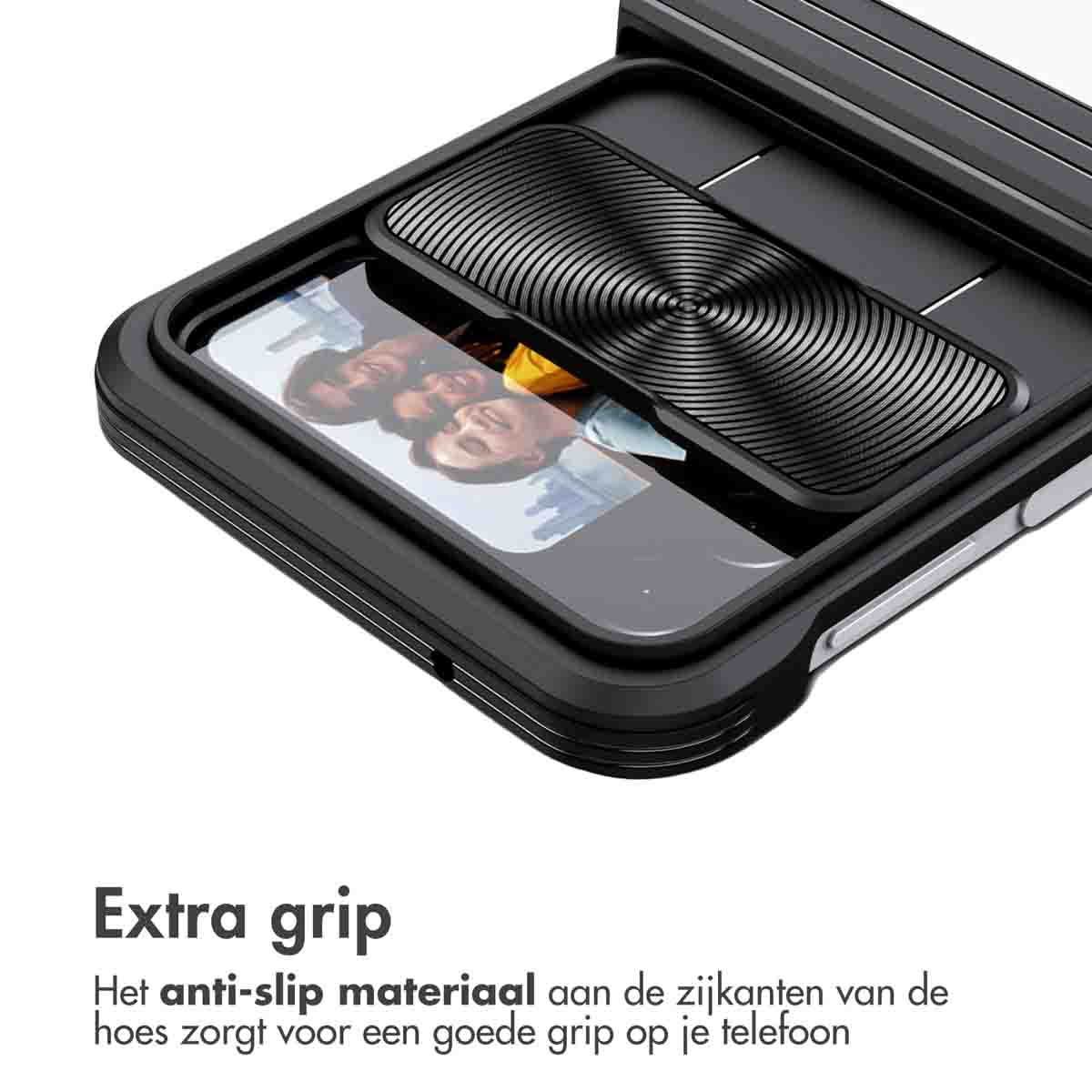 Coque de téléphone noire avec téléphone. Texte 'Extra grip'.