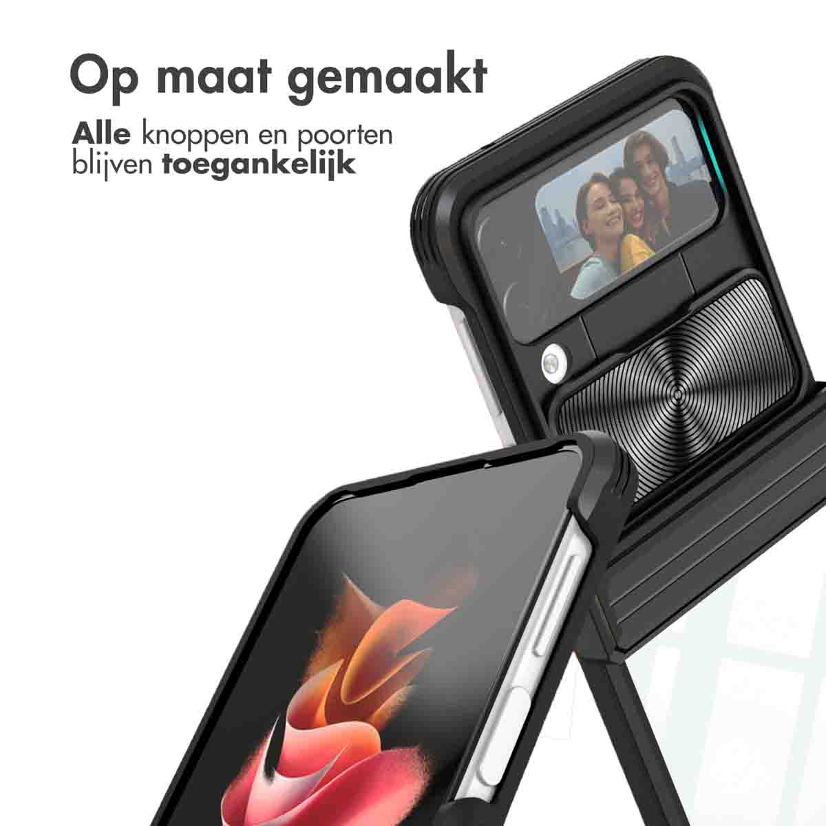 Un téléphone dans une coque noire, montrant une photo de famille sur l'écran. La coque a une fonction de support.