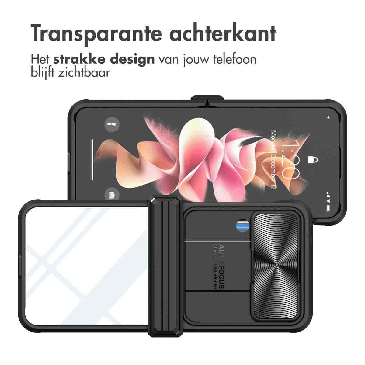 Téléphone dans l'étui. L'écran du téléphone est visible. L'étui est noir et transparent à l'arrière.
