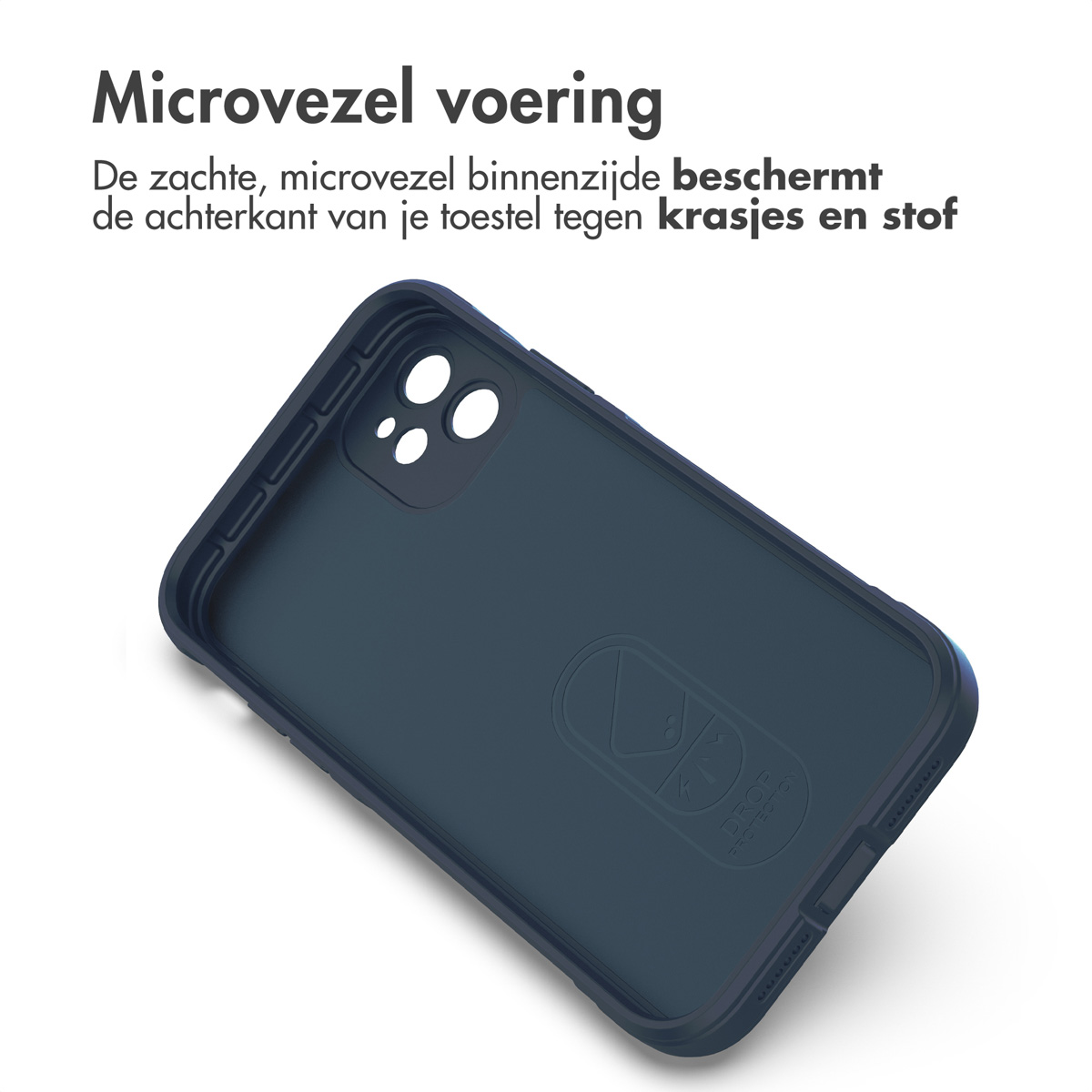 Intérieur de coque de téléphone bleu. Un logo est visible en bas, avec une forme de téléphone.