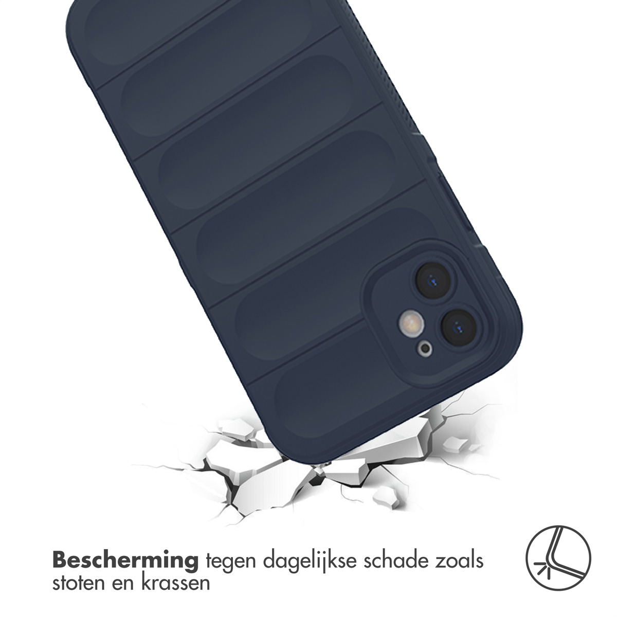 Une coque de téléphone lors d'un test de chute. Le texte dit : 'Protection contre les dommages quotidiens tels que les chocs et les rayures'.