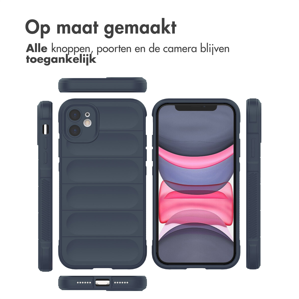 Coque de téléphone ; bleu marine, avec un téléphone à l'intérieur. Texte : "Op maat gemaakt", tous les boutons et l'appareil photo accessibles.