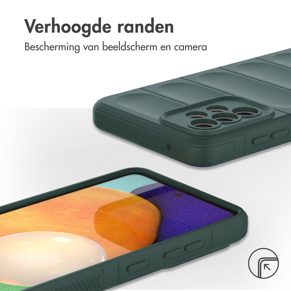 Een groene telefoonhoes op een telefoon, met verhoogde randen. De camera is bovenaan zichtbaar.