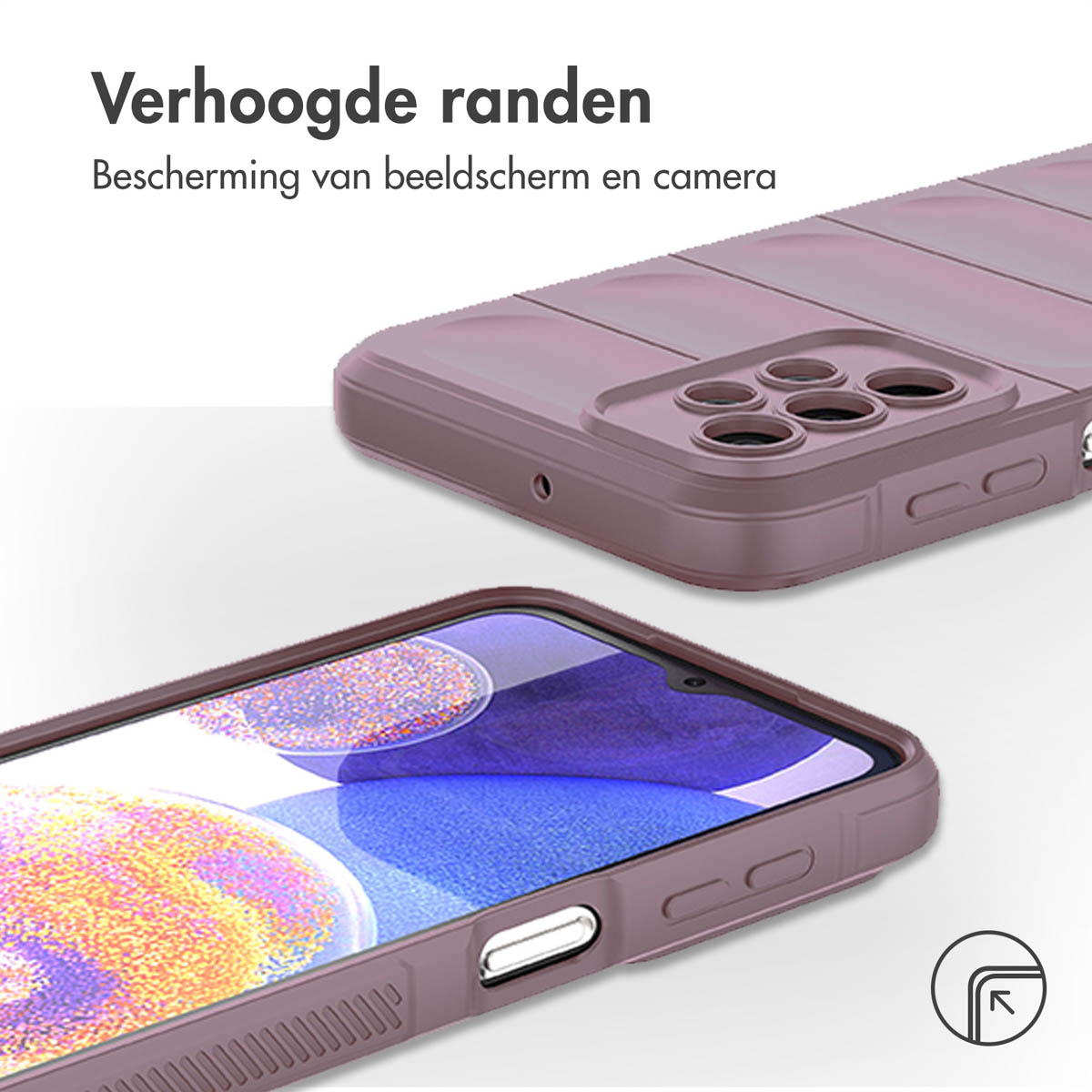 Phone case details. Case is maroon, with raised edges around the screen and camera.