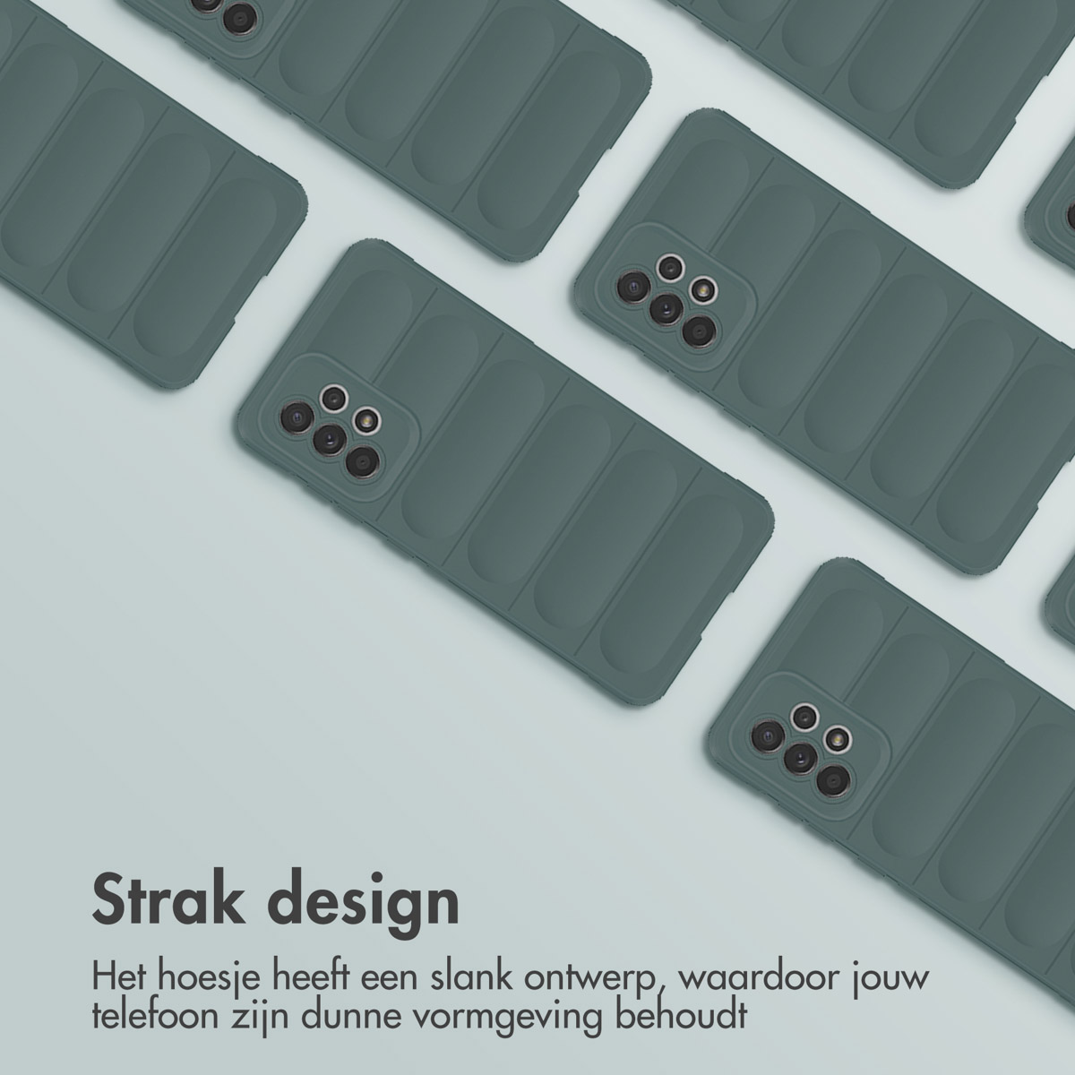 Groep groene telefoonhoesjes. Ze hebben een strak ontwerp en zijn gerangschikt op een lichtgroene achtergrond.